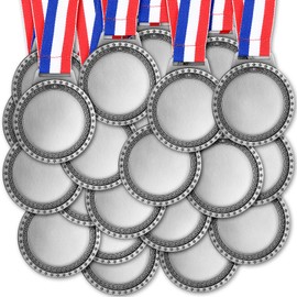 Sasylvia Blank Award Medals with Neck Ribbons Create Your Own Medals Kit Cheer Winner Participation Trophy Metal Gifts for Soccer Football Party Game (Antique Silver,150 Pcs)