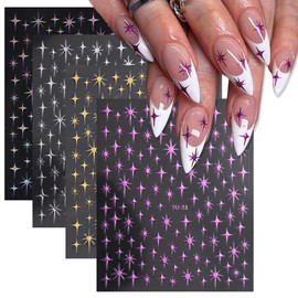 4 Sheets Starlight Star Nail Stickers 3D Glitter Shiny Purple Gold Silver Laser Stars Nail Art Designs Self-Adhesive Nail Decals for Women Girls DIY Manicure Decoration Supplies