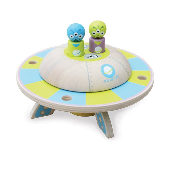 Indigo Jamm Flo the UFO, Retro Wooden Toy Vehicle with Rotating Saucer and Removable Alien Passengers
