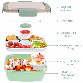 Bugucat Bento Box 2000ML, Lunch Box Salad Lunch Container to Go with 4 Compartment Tray, Salad Bowl with Dressing Container, Meal Prep to Go Containers for Food Fruit Snack,Dark Green