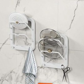 Cabinet Door Pot Lid Holder, Wall Mounted Pot Lid Rack, Pot Lid Organizer No Drilling, 2-Tier Kitchen Pot Lid Organizer Rack, Wall Mounted Pan Lid Rack Holder with Suction | 2-stufiges Küchen-Topfdeckel-Organizer-Gestell, an der Wand befestigter