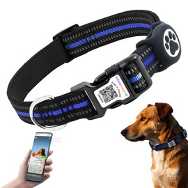 Reflective Airtag Dog Collar with QR Code, Waterproof Airtag Holder, Soft Padded, Safety Locking Buckle, Durable, Adjustable & Free Pet Online Profile (Blue,M)