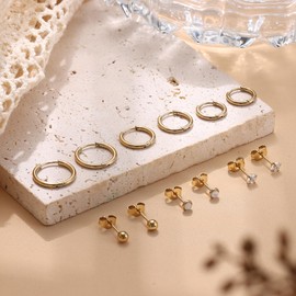 Dochais 6 Pairs Stainless Steel Earrings Women's Gold Silver Set Earrings Gold Hoop Earrings Small Hoop Earrings 8 mm 10 mm 12 mm Hypoallergenic Stud Earrings CZ Ball Cartilage Sleeping Earrings for