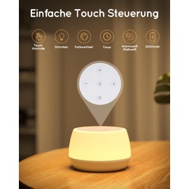 Bonsery Led Nachttischlampe Touch Dimmbar mit Timer Funktion, Tischlampe Kabellos USB Aufladbar mit 9 Farbwechsel und 3 Modi, Baby Nachtlicht Kinder Stilllicht für deko Schlafzimmer Wohnzimmer