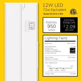 GETINLIGHT 24-inch 3 Color Levels LED Under Cabinet Lighting, Hardwired or Plugged-in, Selectable White 2700K/3000K/4000K, Dimmable, White Finished, IN-0210-3