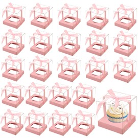 SINGOMON 24PCS Small Gift Boxes Individual Cupcake Boxes with Pink Ribbons Individual Cupcake Container with Pink Cupcake Board Bakery Boxes Cupcake Carrier Treat Boxes Macaron Box Candy Boxes