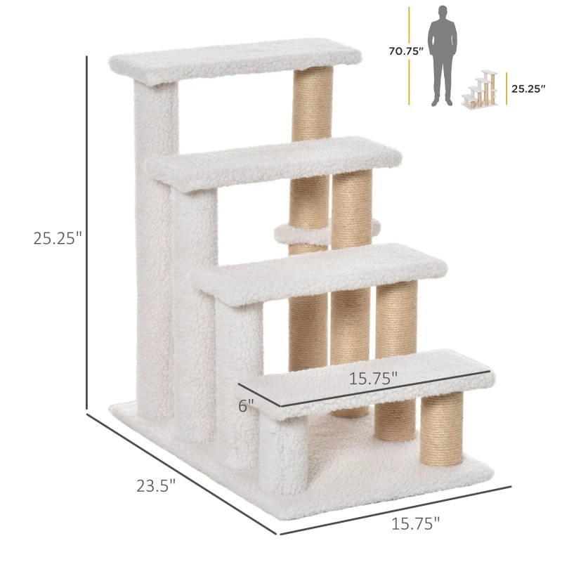 4-Level White Carpeted Wood Eco-Friendly Pet Stairs Cat Tree Climber