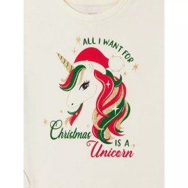 Way To Celebrate Holiday Time Girls "All I want for Christmas is a Unicorn" Tee Cream L(10-12