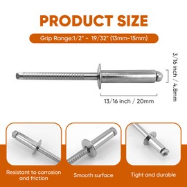 ALLCLEAN 75 Pcs 3/16"x3/4" Stainless Steel Blind Pro Rivets,4.8 x 20mm Pop Rivets,Stainless Steel Grip and Stainless Steel Mandrel