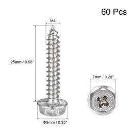 QUARKZMAN Self-Tapping Screws M4 x 25 mm Screws Pack of 60 Trapezoidal Sheet Metal Screws Stainless Steel 324 Phillips Hex Screws with Sealing Disc for Wood Plastic Metal
