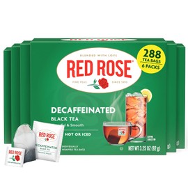 Red Rose Naturally Decaffeinated Black Tea, Smooth & Flavorful Decaf for Iced or Hot Tea in Bulk, Gluten-Free, 6 Pack of 48 Individually Wrapped Teabags