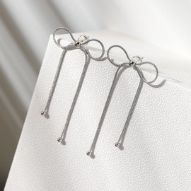 LecAit Gold Bow Earrings Long Tassel Drop Dangle Statement Earring Bowknot Jewelry Gift for Women Girls (Silver Snake Chain Bow)