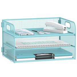 Daltack 3-Tier Paper Organizer with Handle, Mesh Desk Organizer Letter Tray, Blue