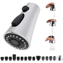 Hibbent Kitchen Sink Faucet Head Replacement, NSF/ANSI/CAN 61 & CUPC Certified, 3-Function Pull Down Sprayer Nozzle with 15 Adapters, Compatible with Delta, Kohler, Moen Faucets, Chrome (Silver)