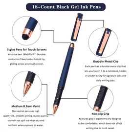 Linbsunne Black Gel Pens 0.7mm Medium Point Pen Office Pens 2-in-1 Stylus Pens for Touch Screens Gel Ink Rollerball Pens for Writing (18 Pack-blue)