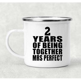 Designsify Gifts, 2nd Anniversary 2 Years Of Being Mrs Perfect, 12oz Camping Mug Stainless Steel Enamel Tea-Cup with Handle, for Birthday Mom Dad Parents Fathers Mothers Day Party, to Men Women Him