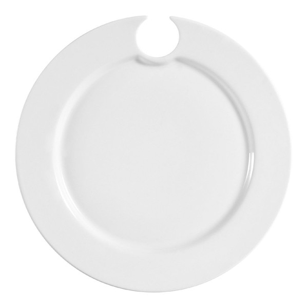 CAC China Party Plate 9-Inch by 3/4-Inch Super White Porcelain Round Party Plate with Wine Glass Hole, Box of 24