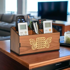 Gift Kya De GKD wooden Remote Stand with 5 Sections | Remote Holder for Living Room, TV, and AC | Stationary Organizer | 5 in 1 | Ideal for Home and Office (Brown Butterfly)