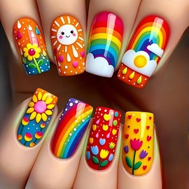 Spring Summer Press on Nails Colorful Gradient Fake Nails Medium Square Stick on Nails with Rainbow Sun Flowers Design Glue on Nails Glossy Acrylic False Nails Full Cover Artificial Nails for Women