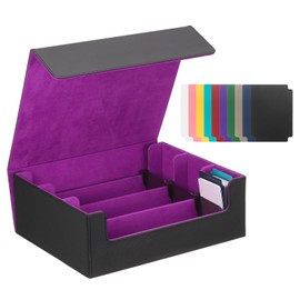 uxcell Trading Card Storage Box, Leather Magnetic Closure Commander Deck Case Holds 1800+ Cards with 10 Pcs Dividers for Magic Game, Black/Purple