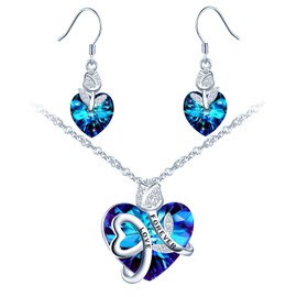 MICSAVI Crystal Necklace and Earrings Set Flower Rose Necklace with "Love Forever" Engraving Heart Jewellery Set Sterling Silver 925 Necklace Rose Earrings Jewellery for Women Girls Wife Mother Girlfriend, Stone Sterling Silver Stone Sterling Silver Crys