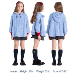 BOBOYOYO Cape for Girls Hooded Cable Knit Poncho Sweaters Kids Shawl Sweater Toddler Holiday Pullover for 3-12 Years Child Light Blue