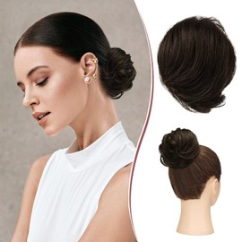 RUWISS Long Thin Straight Tousled Updo Bun Real Human Hair Elegant Hair Pieces Hair Bun Long Scrunchie Extension for Women 20g (Dark Brown)