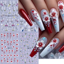 4 Sheets Flowers Nail Art Stickers 3D Embossed Self-Adhesive Nail Decals Butterfly Floral Nail Stickers Spring Summer Peach Blossom Daisy Butterflies Nail Supplies for Women DIY Nail Art Decorations