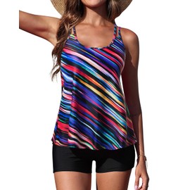 Yonique Womens Two Piece Swimsuits Tankini Top with Boy Shorts Tummy Control Bathing Suits Athletic Swimwear, Color Striped, Medium