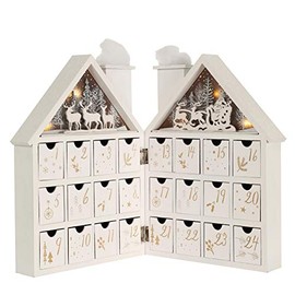 PIONEER-EFFORT Christmas Wooden Advent Calendar House with Drawers and Led Lights Countdown to Christmas Decoration (White Forest)