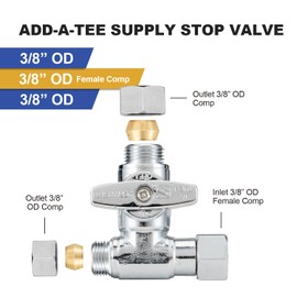 WMAXPFIT ADD-A-Tee Stop Valve(1 PACK), 3/8" OD x 3/8" Female COMP. x 3/8" OD Compression, 1/4 Turn Shutoff Valve Chromed LF