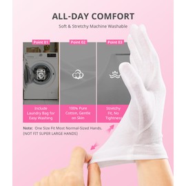 AIRSEE 2 Pairs White Cotton Gloves with Laundry Bag, Overnight Moisturizing SPA for Dry Hands and Eczema, Work Glove, Stretchy Fit for Men and Women, Elastic Wrist M