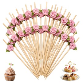 100 Pcs Pink Rose Cocktail Picks, Bamboo Decorative Toothpicks