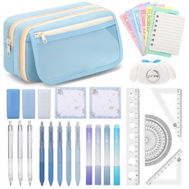 OPPZZIT 30 Piece Pencil Case Girls, Kawaii Stationery Set with 1 Blue Pencil Case, 5 Gel Pens, 4 Highlighters, 3 Mechanical Pencils, School Supplies Gifts & School Supplies for Girls