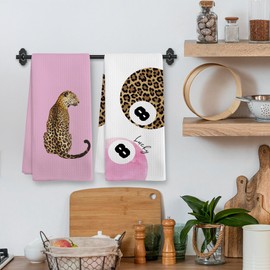 XNXLDYLH Trendy Leopard Cheetah Print Poker Lucky 8 Ball Bathroom Home Decor, Preppy Pink Leopard Decor Dish Hand Tea Towels for Bathroom Sets of 2, Cheetah Kitchen Towels and Dishcloths, 16x24 Inch