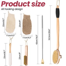 Vafada Wood Bath Brush,Long Handle Body Back Scrubber with Soft and Natural Bristles Antiskid Shower Brush Set for Bathroom Wet or Dry Exfoliating (6 Pack) (20.6'' Long Handle)