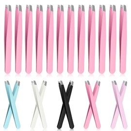 Glarks 12Pcs Black Eyebrow Tweezers Stainless Steel Slanted Tip Tweezers Professional Facial Hair Eyebrow Precision Tweezers for Men and Women (Pink)