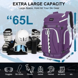 Lunidry Ski Boot Bag, 65L Waterproof Ski Bag & Snowboard Boot Bag, Travel Backpack for Skis Snowboard Helmet Goggles & Accessories