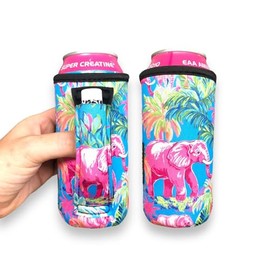 16oz Can Cooler Insulated - Lit Handlers Neoprene Fabric Beverage Cooler Sleeve w/Handle & Pocket -Water Resistant Soda & Energy Drink Holder - Machine Washable Beer Can Covers (Preppy Elephant)