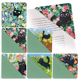 Diamond Painting Art Bookmarks Kit - 6 PCS Black Cat Diamond Art Corner Bookmark Set DIY Cute Cat Bookmarks with Floral Funny Cute Bookmarks Birthday Gift for Beginner Adult Women Book Lover Cat Lover