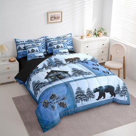 Erosebridal Rustic Cabin Comforter Set Twin Bear Deer Bedding Set Farmhouse Wolf Rabbit Country Hunting Camp Blue (Comforter+Fitted+Flat Sheet+2 Pillowcases+2 Throw Pillow Covers) 7 Pieces Bed Set