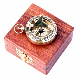 Marine Sundial Compass with Nautical Solid Wooden Box Vintage Brass Ship Navigate Device Nautical Gift Collection