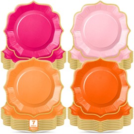Potchen 96 Pcs Pink and Orange Dessert Plates 7 Inch Scalloped Disposable Party Paper Plate for Summer Wedding Birthday Baby Shower Party Supplies, 4 Colors