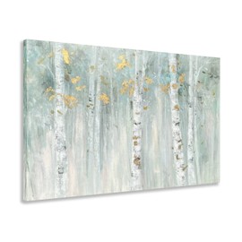 Yihui Arts Birch Tree Canvas Wall Art with Gold Foil - Abstract Forest Paintings with Textured - Green Landscape Pictures for Living Room Bedroom Bathroom Decor