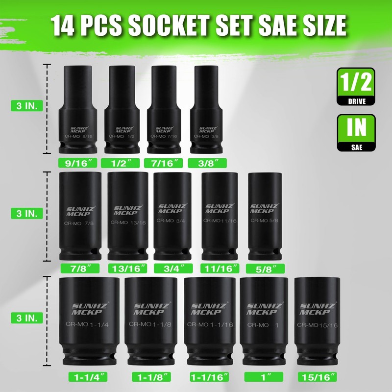 SUNHZ MCKP 20 PCS 1/2" Impact Socket Set, Drive Deep