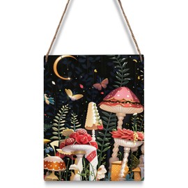 Mdulftar Mushroom Boho Wood Sign Wall Hanging Night Moon Red Mushroom Wooden Sign for Front Door Window Decor 8x12 Inch