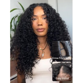 UNICE InvisiBlend V Part Wig Water Wave Mixed Curly Seamless Blending Human Hair Glueless Wig with Drawstring Minimal Leave Out Upgrade U Part Wig Beginner Friendly 150% Density 22 Inch