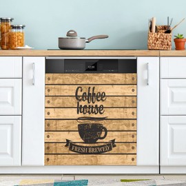 Coffee Themed Cafe Dishwasher Magnet Cover Front Door Vintage Wooden Board Decorative Refrigerator Covers Magnetic Sheet Sticker Wash Machine Fridge Panel Decal for Kitchen Appliance 23x26 in