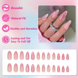 Ceboic 24Pcs Almond Press on Nails Medium, French Tip False Nails Bling Glossy Pink Cat Eye Fake Nails with Floral Design, Artificial Acrylic Full Cover Stick on Nails for Women Nail Art Decorations