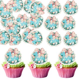 Ephlyn 50Pcs Edible Happy Easter Cupcake Toppers Wafer Paper Bunny Easter Eggs Cupcake Picks Edible Easter Bunny Cupcake Decors for Easter Theme Baby Shower Birthday Easter Party Supplies